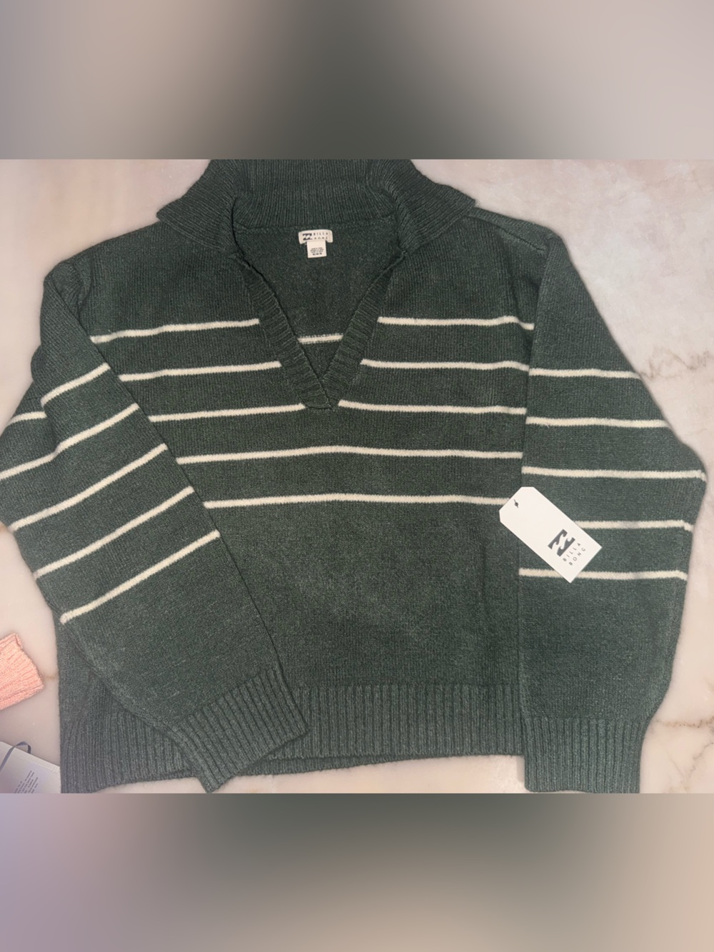 Billabong Dark Green and White Striped V-Neck Sweater